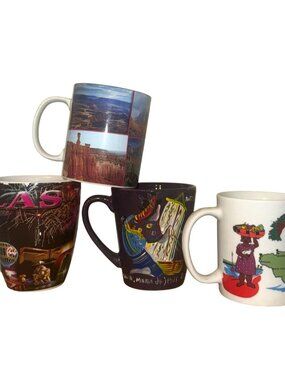Set Of 4 Collectible Ceramic Coffee Mugs Featuring Las Vegas Utah Jamaica & Mari
